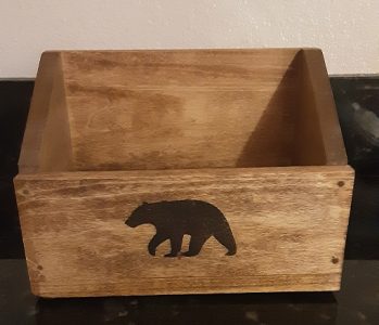 wood caddy with bear using gun powder